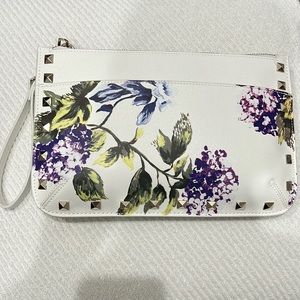 White House Black Market white purple floral clutch